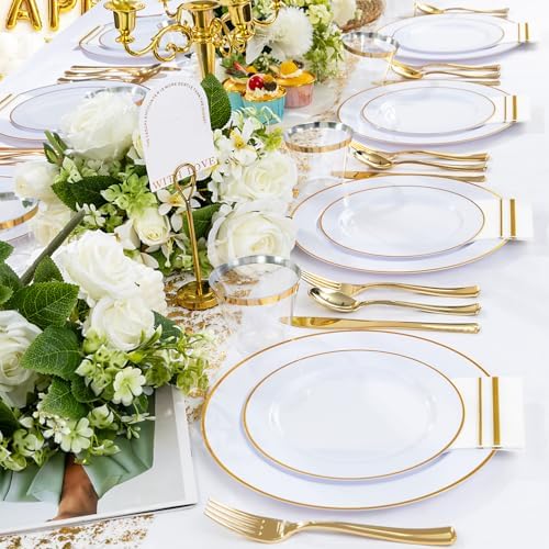 SUT 350 PCS White Gold Disposable Dinnerware Set for 50 Guests
