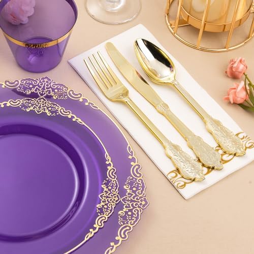 350PCS Clear Purple Plastic Plates with Gold Trim for 50 Guests