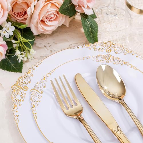 YOUBET 700PCS Gold Plastic Dinnerware Set for 100 Guests Wedding Party Graduation