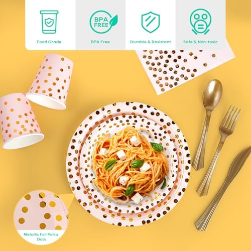 Pink and Gold Party Supplies - 350 PCS Disposable Dinnerware Set