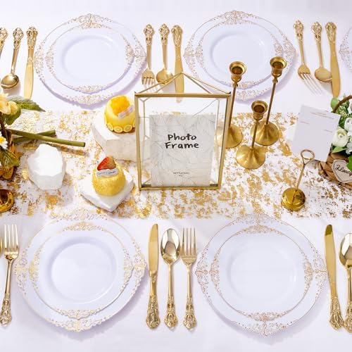 102PCS White and Gold Plastic Plates for Weddings Parties