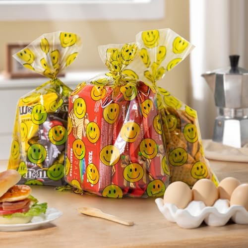 Eunoir 100 Pcs Yellow Red Smile Face Cellophane Bags with Twist Ties