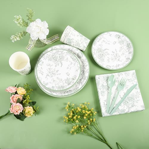 175Pcs Sage Green Floral Party Set Plates Napkins Cups Cutlery