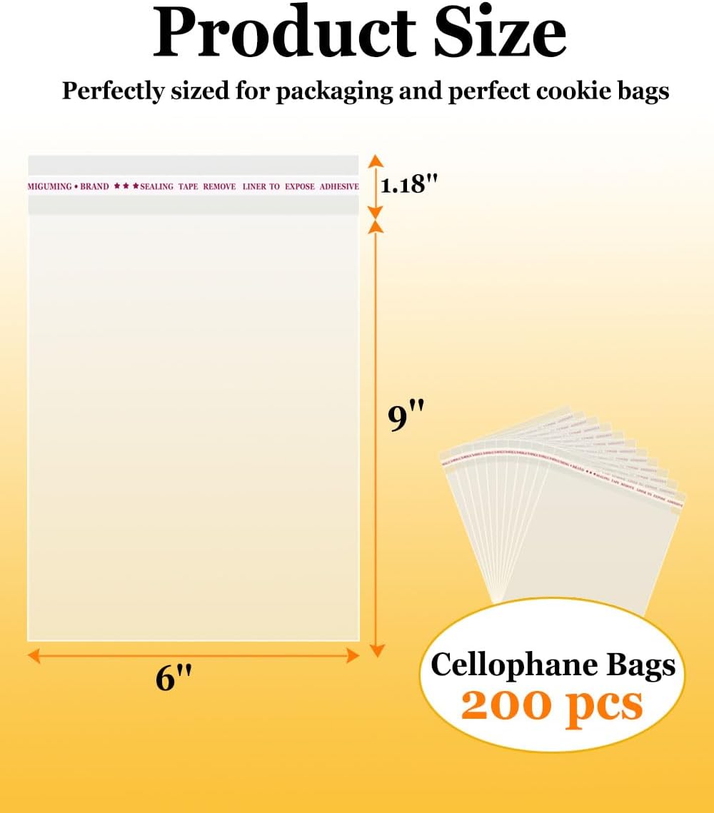 200 Pcs Clear Cellophane Bags 6x9 Inch Self Sealing