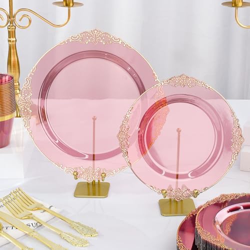 350 PCS Elegant Gold and Burgundy Plastic Dinnerware Set for 50 Guests