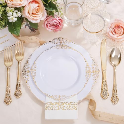 YOUBET 700PCS Gold Plastic Dinnerware Set for 100 Guests Wedding Party Graduation