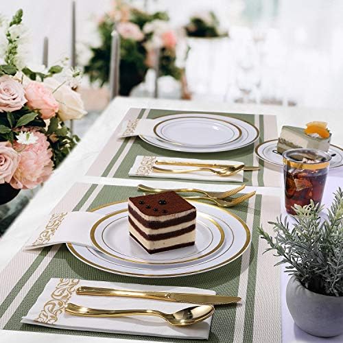 FOCUSLINE 25 Piece Gold Rimmed Disposable Plate Set for 25 Guests