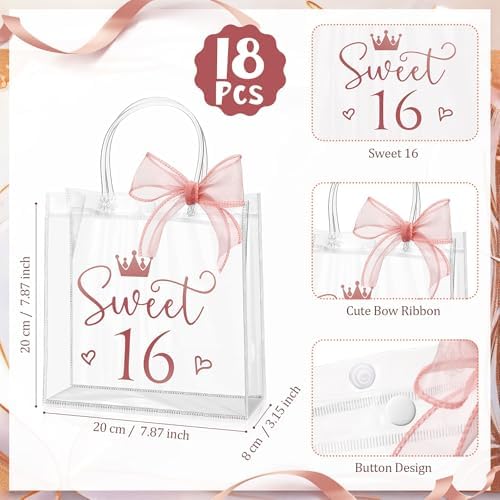 Sweetude 18 Pcs Clear Pink Gift Bags with Handles and Ribbons