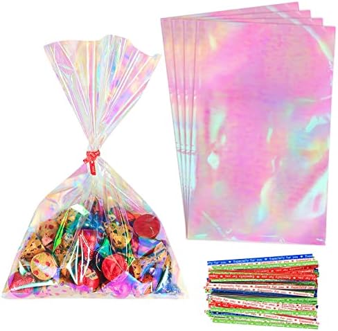 HRX Package 120pcs Iridescent Cellophane Treat Bags with Ties