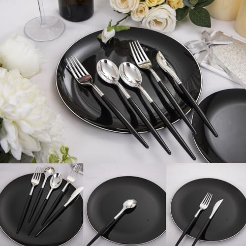 DaYammi 30 Guests Black Plastic Plates Set with Silverware for Events