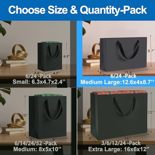 Argivean Medium Large Black Gift Bags 6pcs With Handles