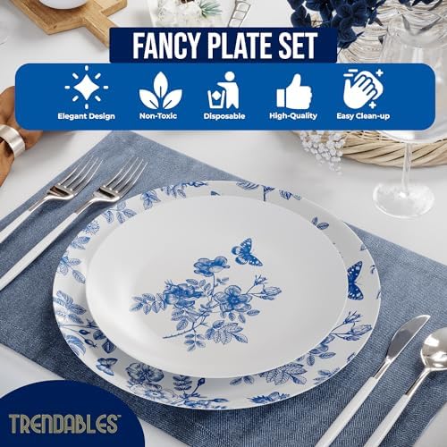 Trendables Blue Floral Plastic Plates 40 Pcs Set