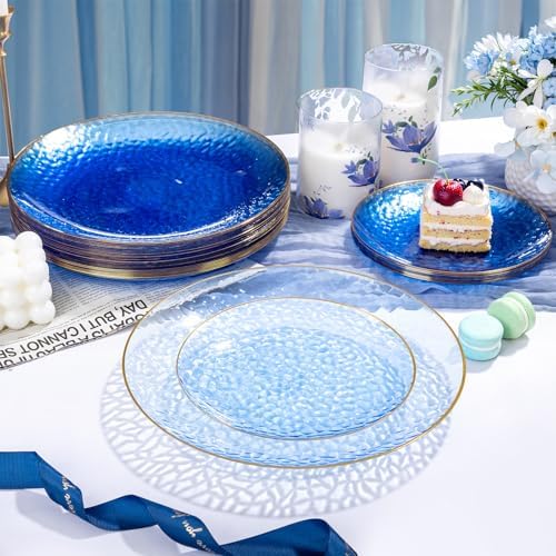 Rubtlamp 100 Pcs Blue Gold Plastic Plates - 10 Inch