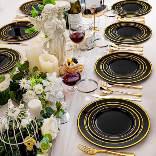 bUCLA 600PCS Black and Gold Disposable Dinnerware Set for Parties