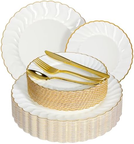 Lzerking 125 Pcs Ivory Scalloped Disposable Plates with Gold Rim Set