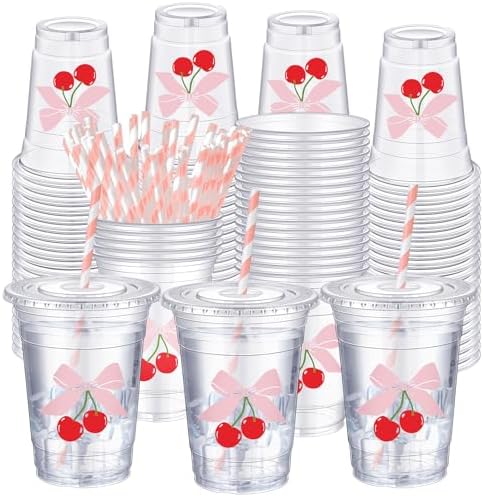 Sliner 50 Pcs 16 Oz Cherry Bow Cups with Straw for Parties