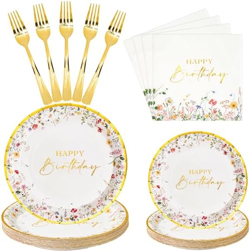 Crisky Gold Foil Birthday Plates and Napkins Set of 24