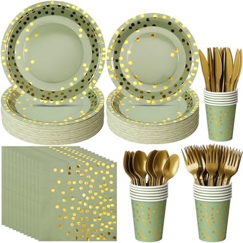 YIDAKO 350pcs Sage Green Plates and Napkins Set