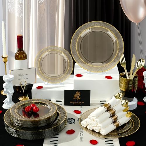 350PCS Clear Black Plastic Plates for 50 Guests