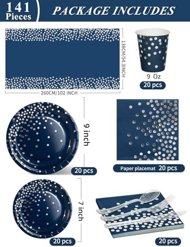 141-piece Navy Blue and Silver Party Supplies Set for 20 Guests