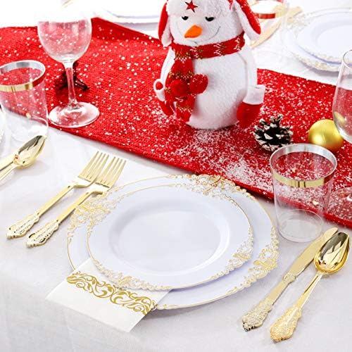 Nervure 175PCS White and Gold Plastic Plates Set