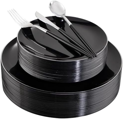 DaYammi 30 Guests Black Plastic Plates Set with Silverware for Events