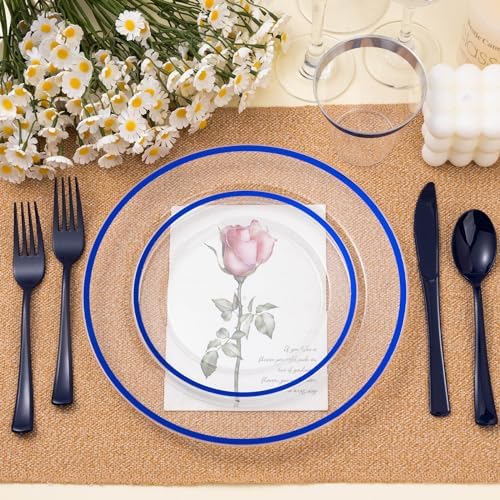 350PCS Blue and Clear Plastic Dinnerware Set for 50 Guests