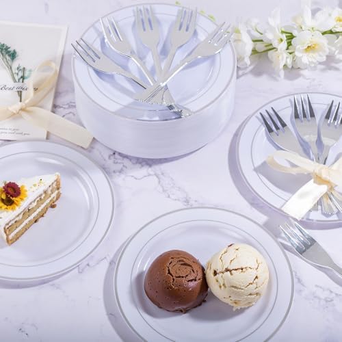 WELLIFE 240PCS Silver Plastic Dessert Plates with 120PCS Forks