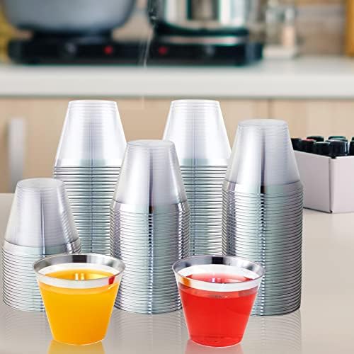 JOLLY CHEF 100 Pack Clear Plastic Cups with Silver Rim
