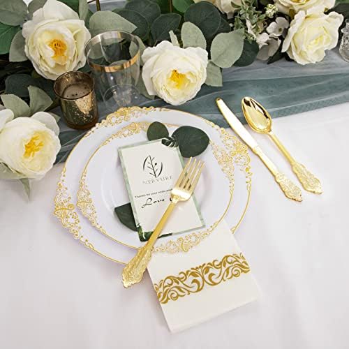 Nervure 175PCS White and Gold Plastic Plates Set