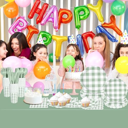 175 PCS Sage Green Gingham Plates Napkins Set for Party