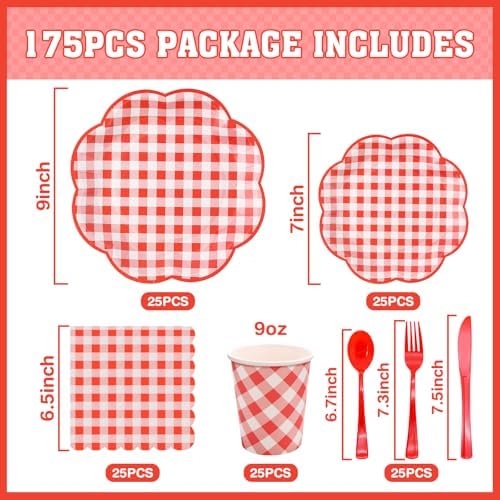 175 Pcs Red Gingham Plates Napkins Party Supplies Set