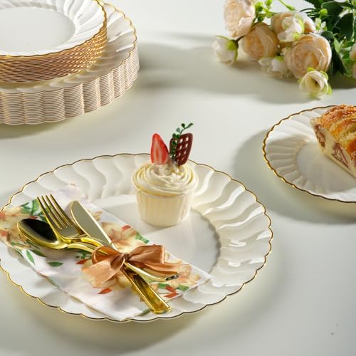 Lzerking 125 Pcs Ivory Scalloped Disposable Plates with Gold Rim Set