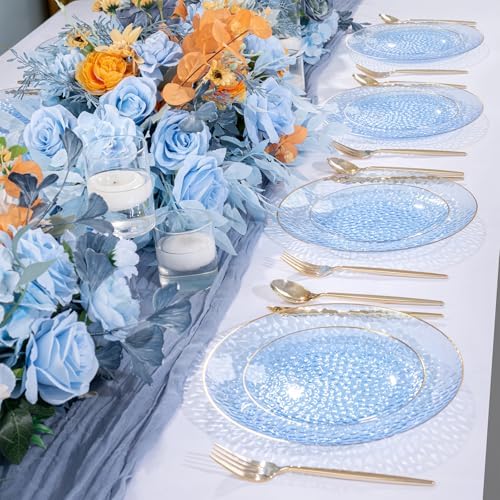 Rubtlamp 100 Pcs Blue Gold Plastic Plates - 10 Inch
