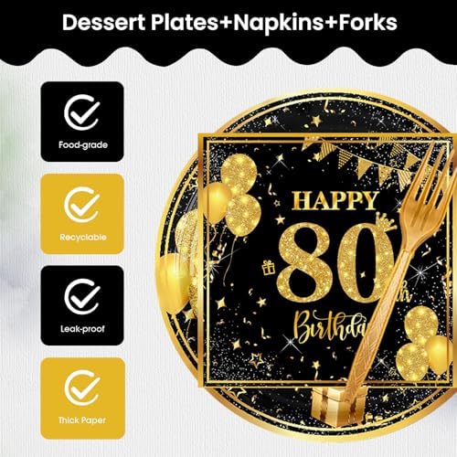 80th Birthday Paper Plates Napkins Forks 60pcs Set