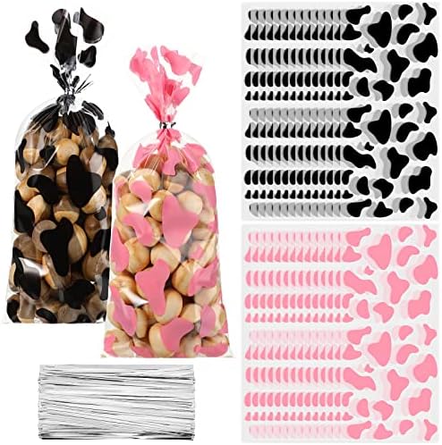 100 Pcs Cow Print Goodie Bags with Twist Ties