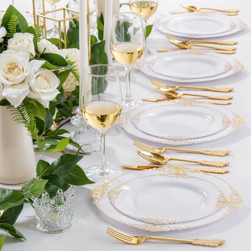 Nervure 175PCS Gold Plastic Plates for 25 Guests Wedding Party Supplies