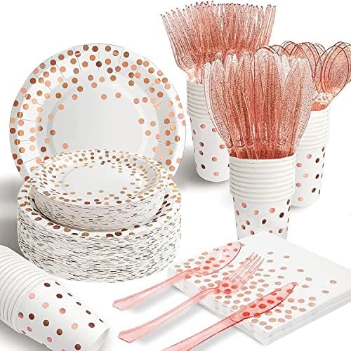AIRE 175Pcs White Rose Gold Paper Plates Dinnerware Set for 25 Guests