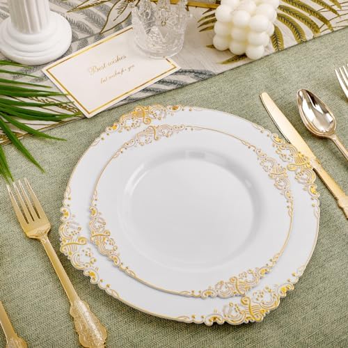 102PCS White and Gold Plastic Plates for Weddings Parties