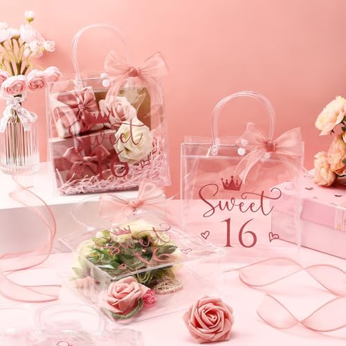 Sweetude 18 Pcs Clear Pink Gift Bags with Handles and Ribbons
