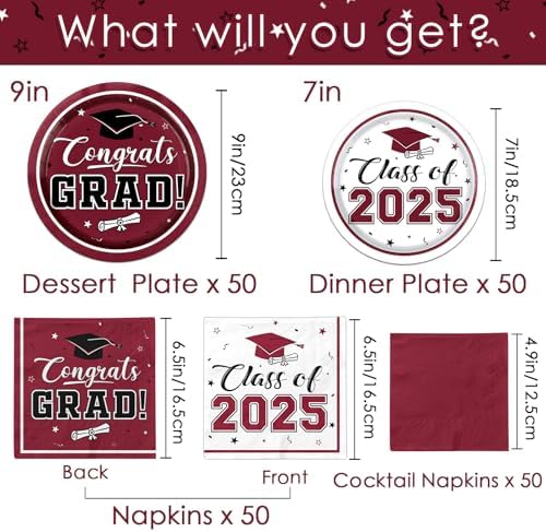 Class of 2025 Graduation Plates Napkins Maroon Party Supplies