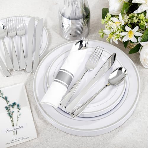 WELLIFE 350Pcs Silver Plastic Plates for 50 Guests - Party Dinnerware Set