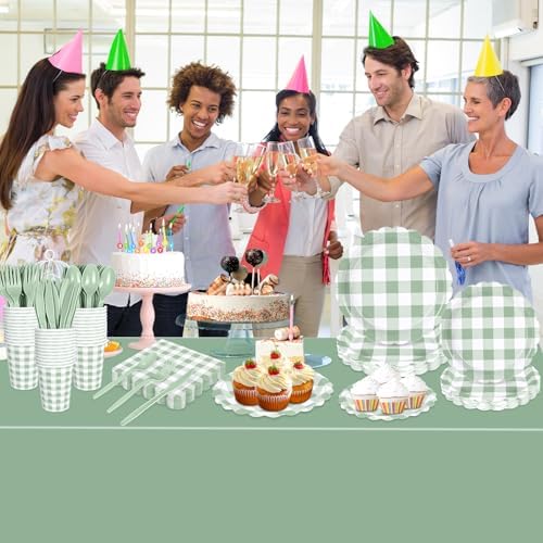 175 PCS Sage Green Gingham Plates Napkins Set for Party