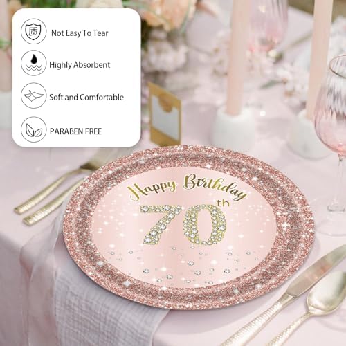 72 Pcs Rose Gold 70th Birthday Party Plates and Napkins Set