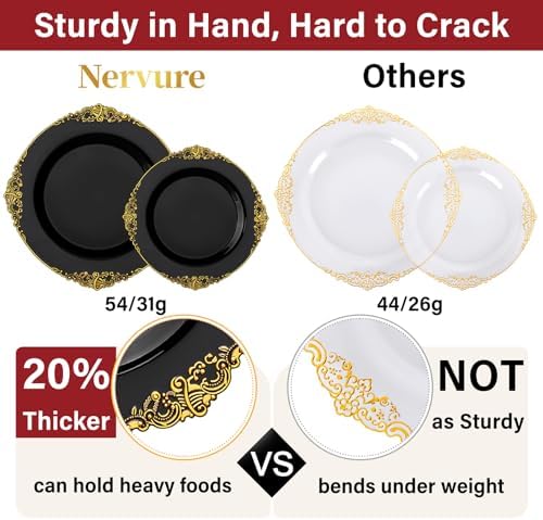 Nervure 350PCS Black Plastic Plates Set for 50 Guests