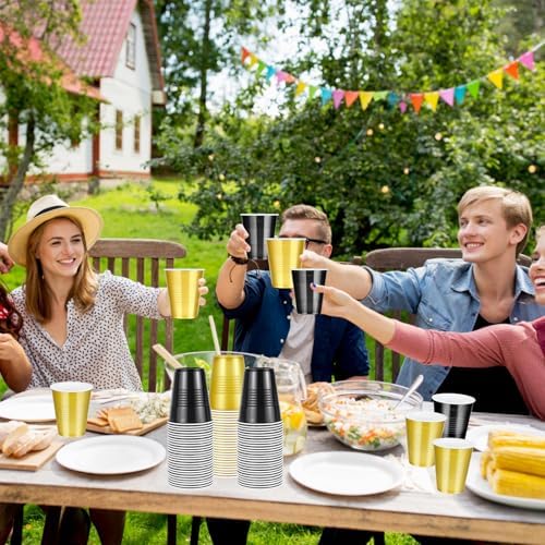 100 Pcs Black and Gold Plastic Cups 12 Oz for Party