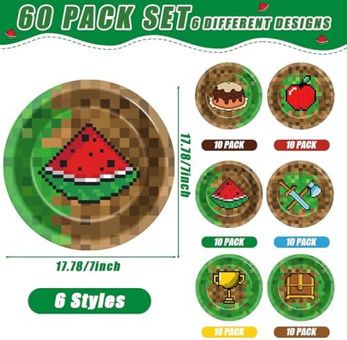 60Pcs Pixel Themed 7 Inch Party Plates for Gaming Events