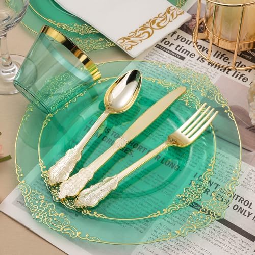 350PCS Clear Green Plastic Plates with Gold Trim for 50 Guests