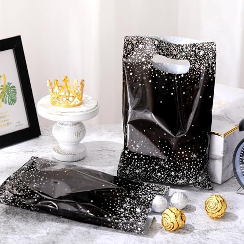 Pasimy 50 Pcs Black and Silver Gift Bags with Handles for Parties