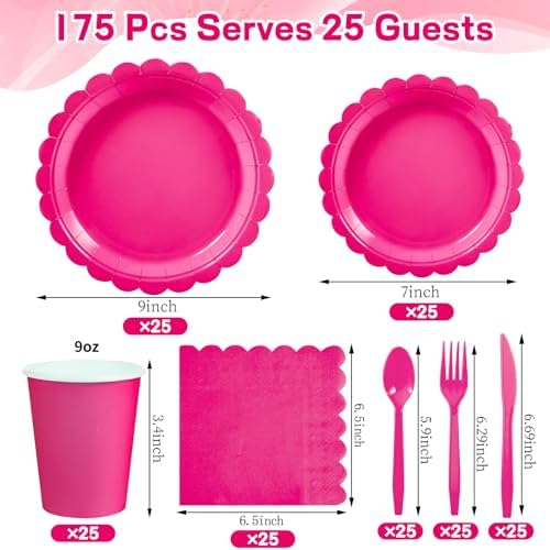 175 Pcs Hot Pink Party Plates Napkins Set